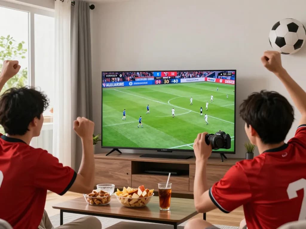 Excited fans watching ดูบอล live on TV in a vibrant living room.