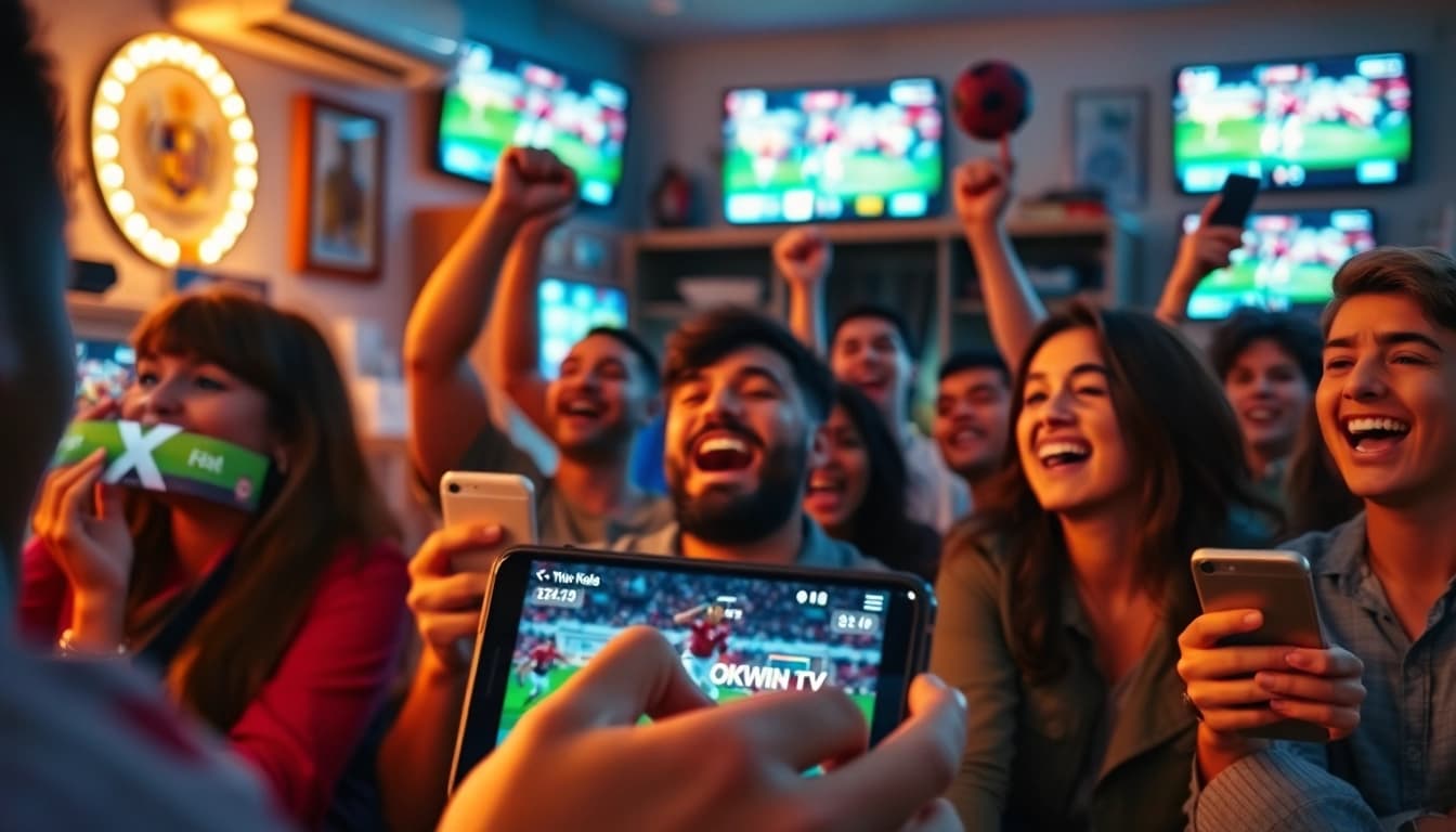 Engaged fans enjoying OKWIN TV live football matches on their devices.