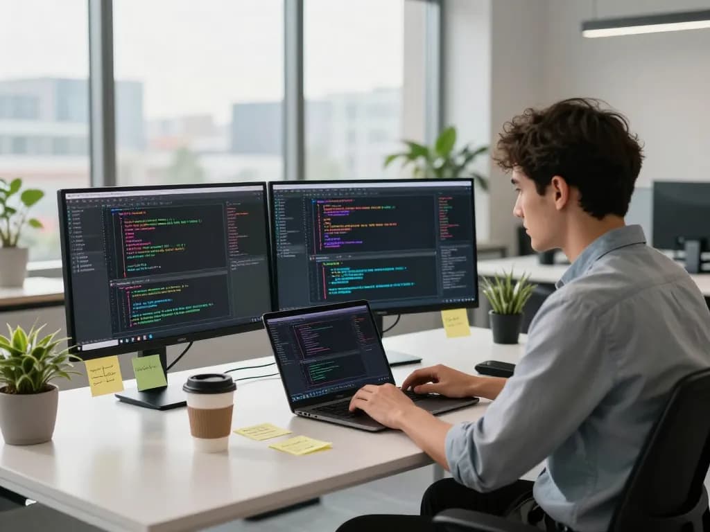 Molt bot AI assistant in a modern tech workspace, showcasing code and productivity.
