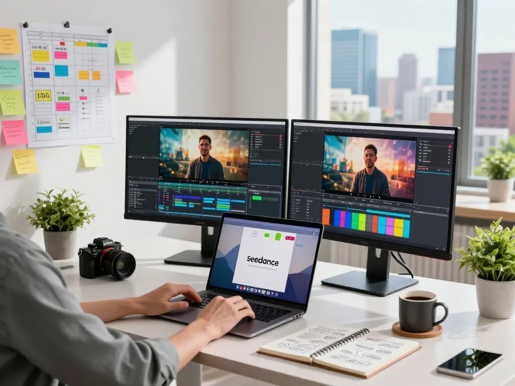 Create stunning videos with Seedance AI in a modern creative workspace, featuring vibrant displays and an inspiring atmosphere.