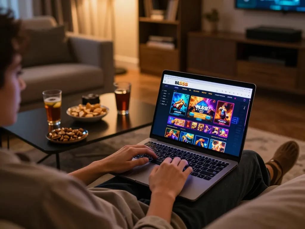 Enjoying online gaming with bl555 on a cozy home setup, laptop displaying vibrant games and snacks nearby.