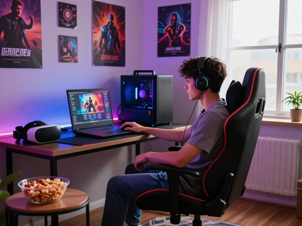 Gamer indulging in interactive porn games with vibrant RGB lighting and snacks.