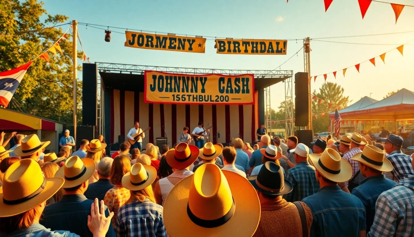 Johnny Cash birthday celebration scene at johnnycashbirthday.com, featuring live music and vibrant festivities.