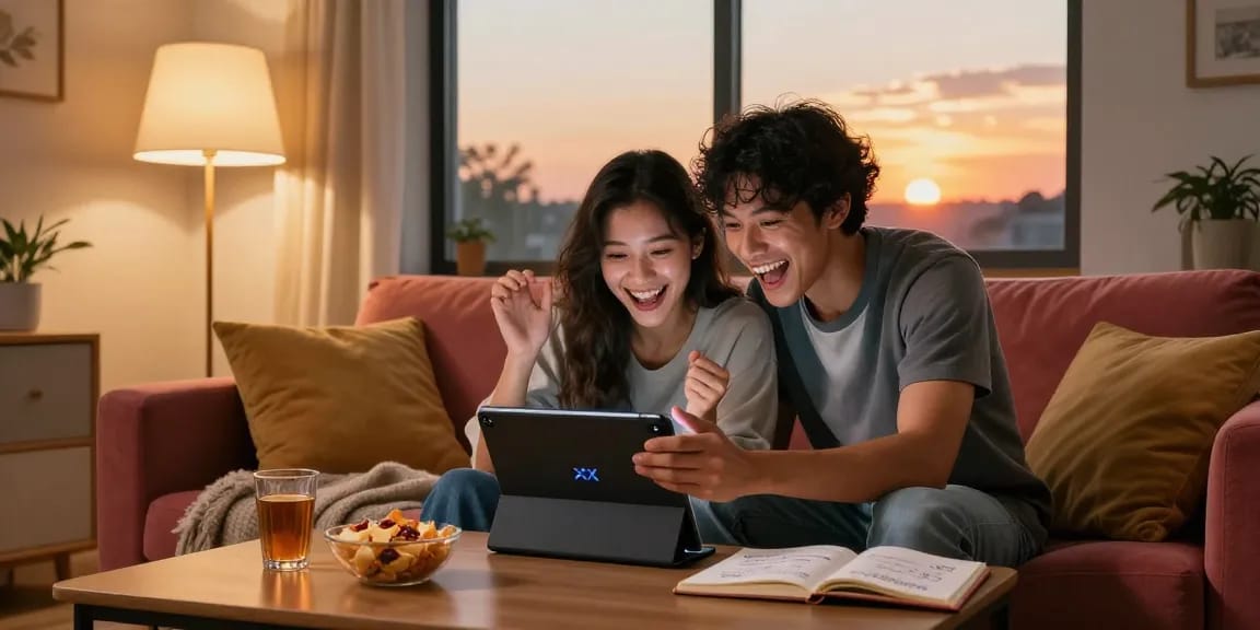 Couple engaging with interactive xxx games on a tablet in a cozy setting, showcasing fun and intimacy.