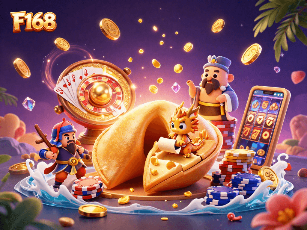 Engage in thrilling gameplay at F168 with a vibrant 3D illustration of golden fortunes and casino excitement.