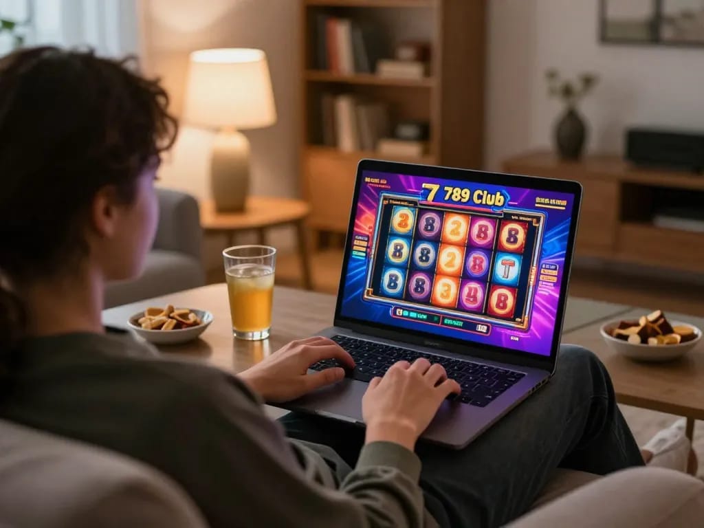 Engaging in a lively online slot game at the 789 Club from a cozy home setting
