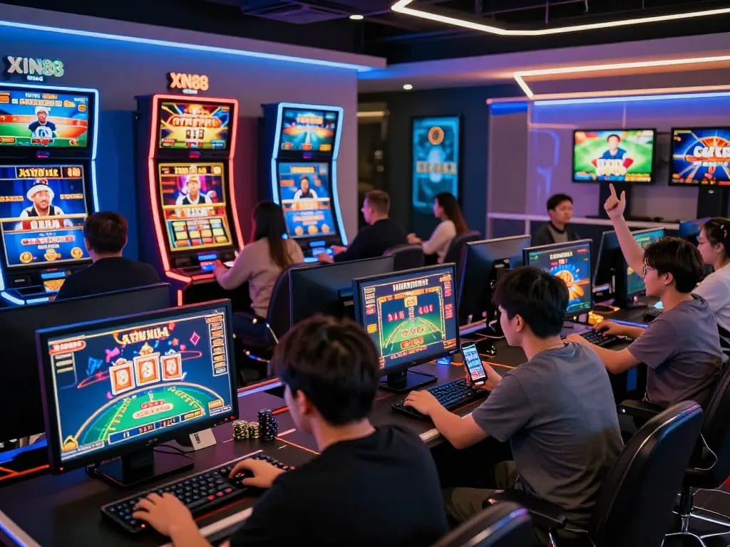 XIN88 platform showcasing enthusiastic players engaging in online gaming excitement with vibrant casino elements.