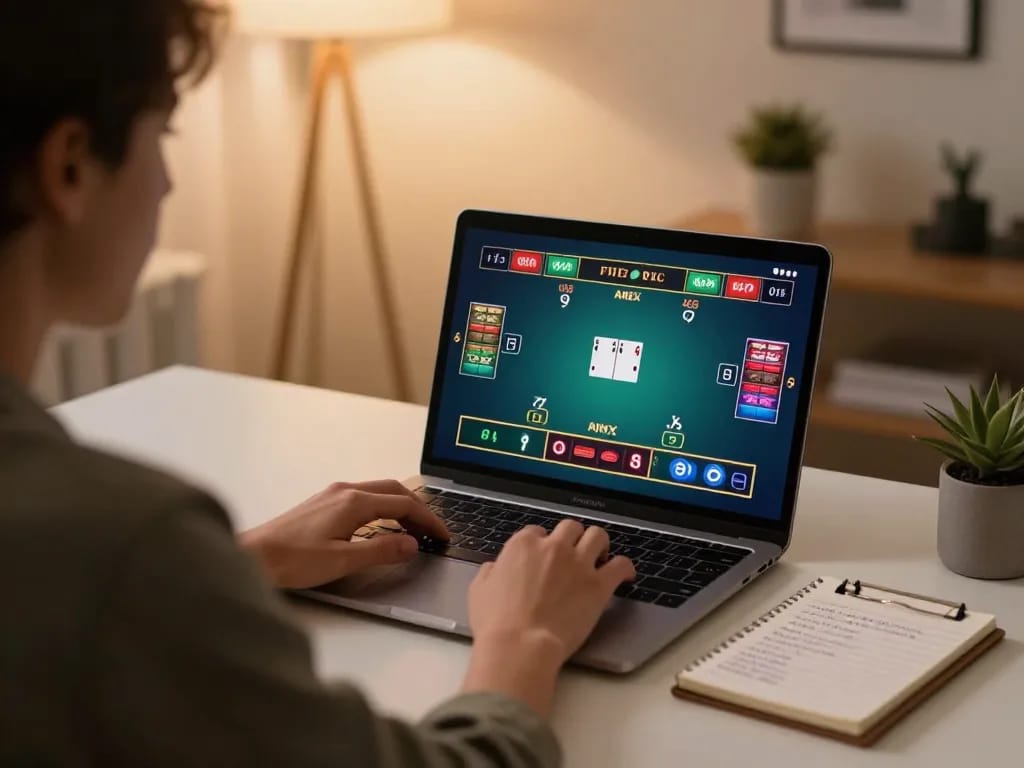 Engaging in live dealer blackjack on RR99 from a stylish home office, highlighting responsible gaming.