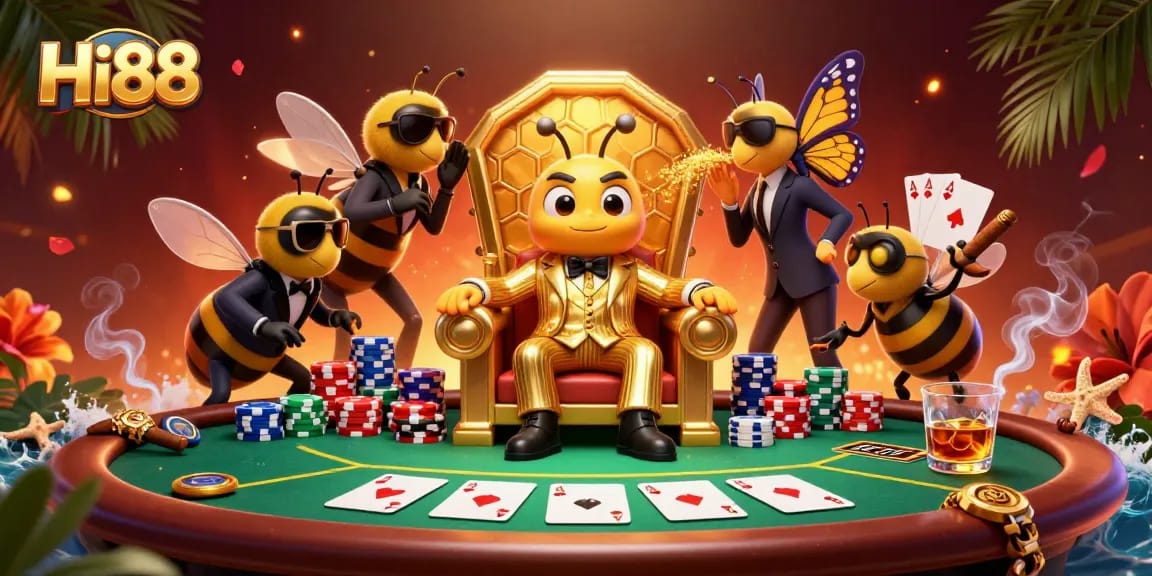 Experience thrilling poker action at Hi88 with vibrant casino elements and animated characters.