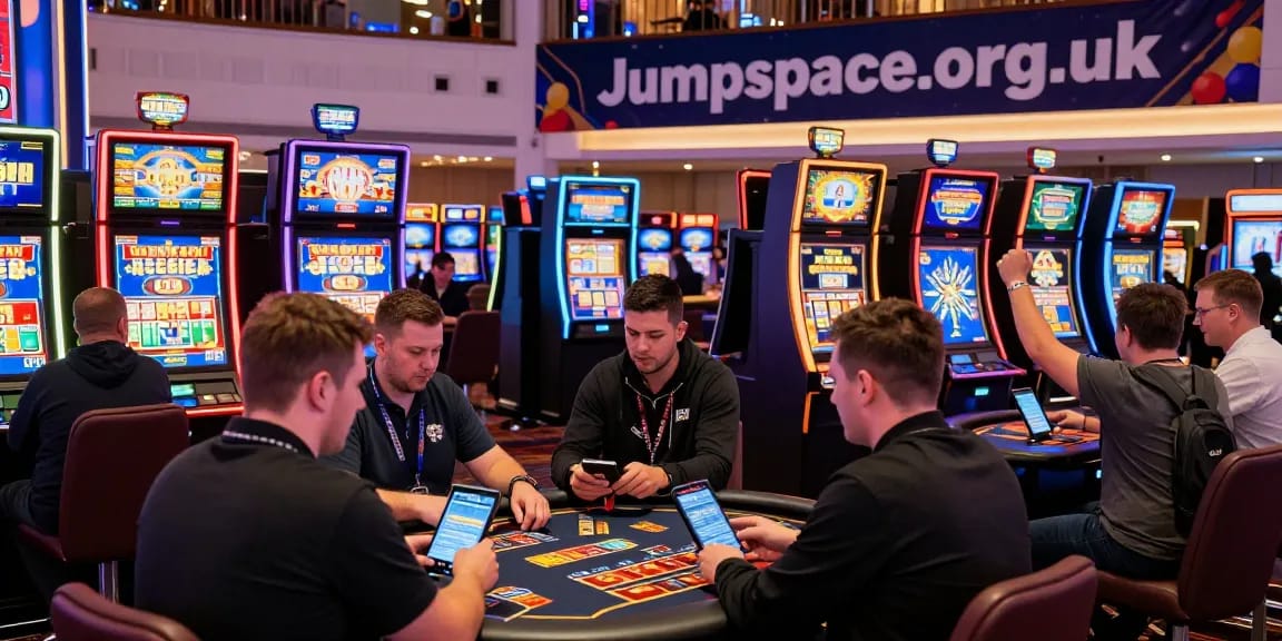 Players enjoying credit card games at Jumpspace.org.uk casino, vibrant gaming atmosphere with modern slot machines.