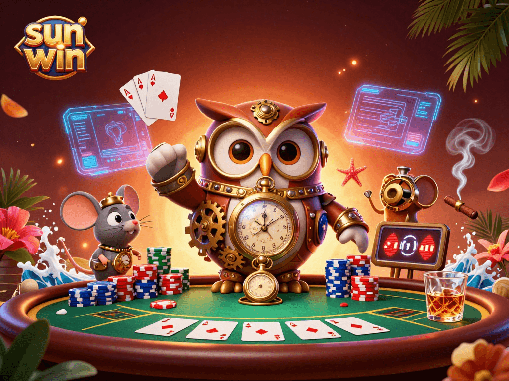 Experience thrilling moments at sun win with a dynamic poker scene featuring whimsical characters and vibrant casino elements.
