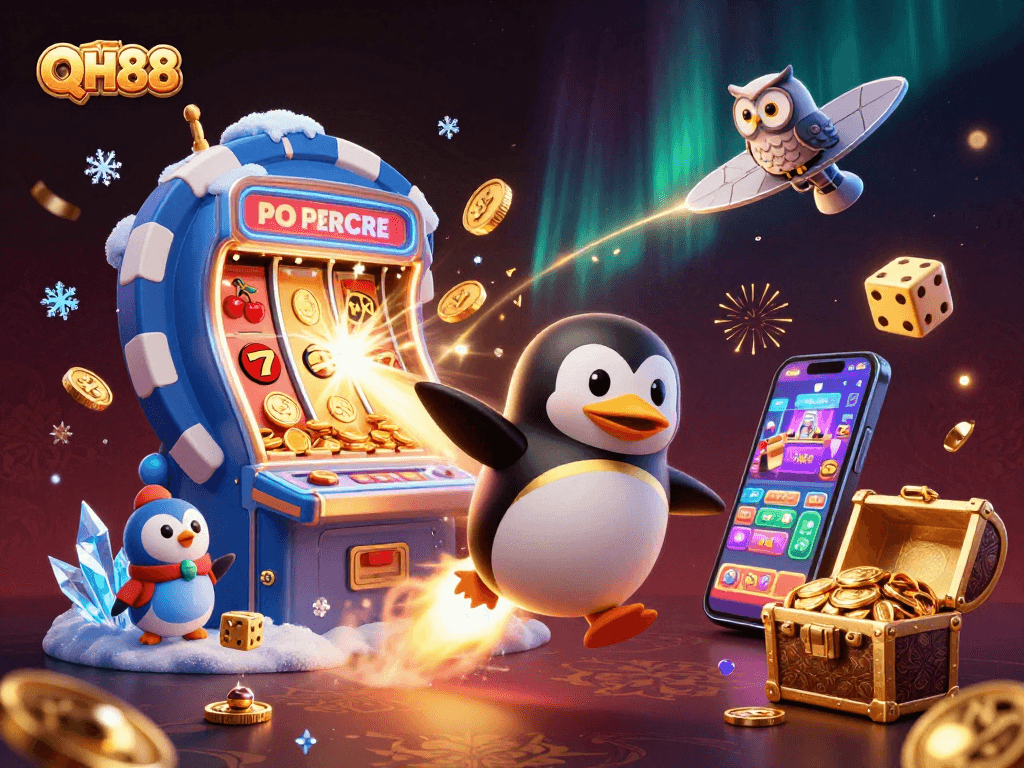 Engage with QH88 adventures in a vibrant 3D casino illustration filled with excitement.