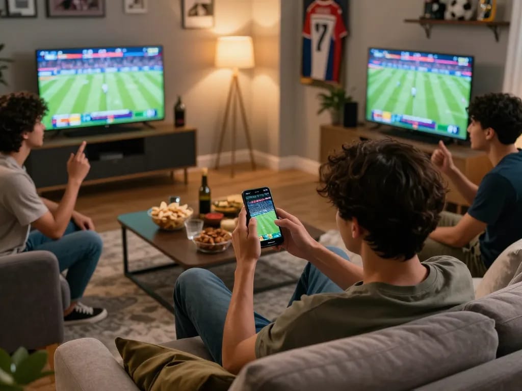 VSBET user placing bets on exciting sports events through a smartphone, showcasing a lively home sports betting atmosphere