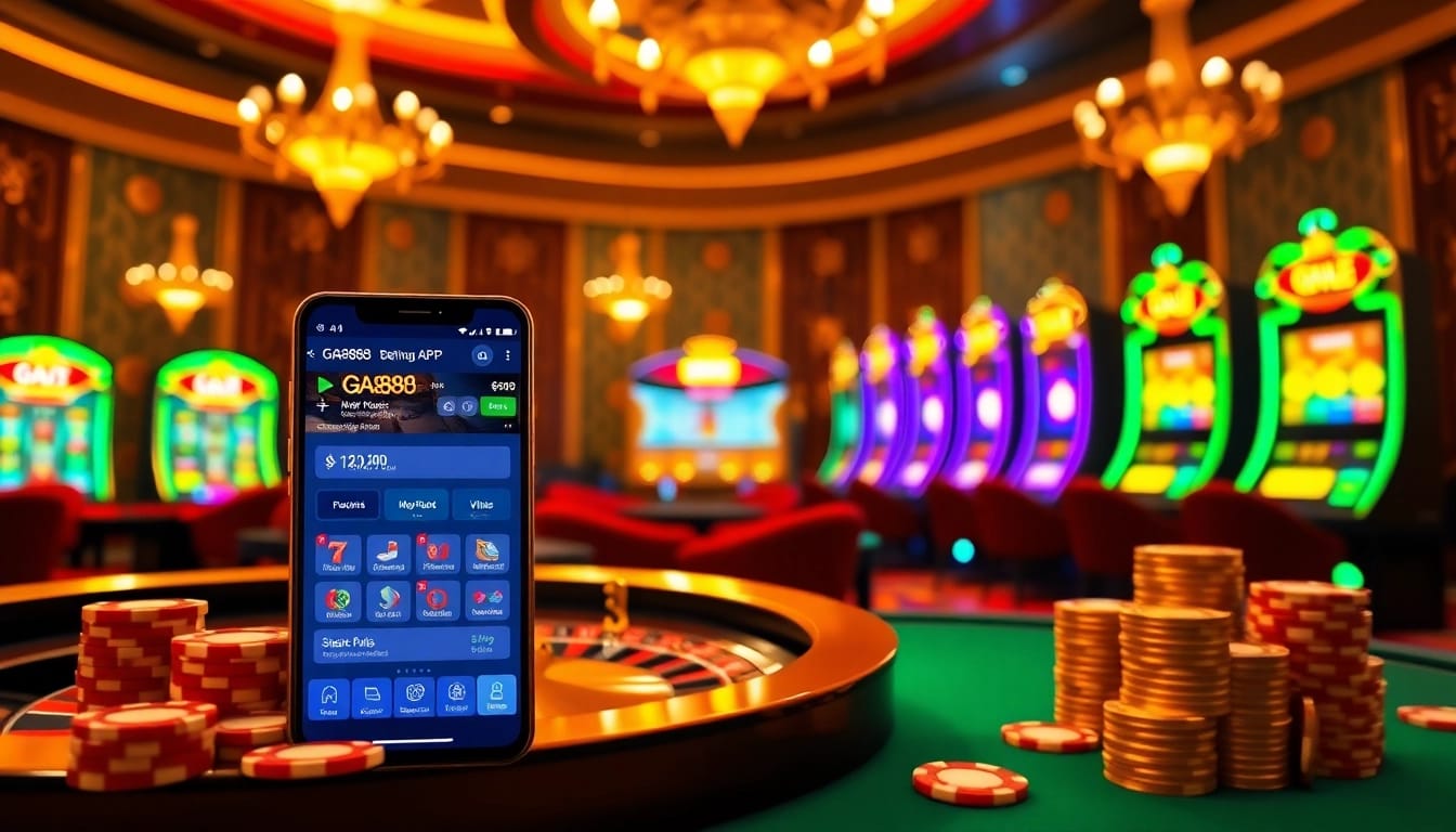 Experience thrilling gameplay with the GA888 APP on a modern smartphone amidst vibrant casino elements.