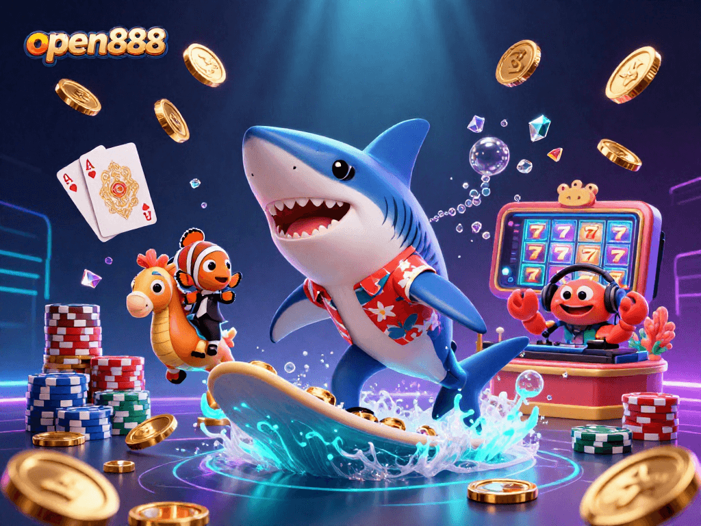 Unleash the excitement at open888 with animated casino characters surfing on gold coins.