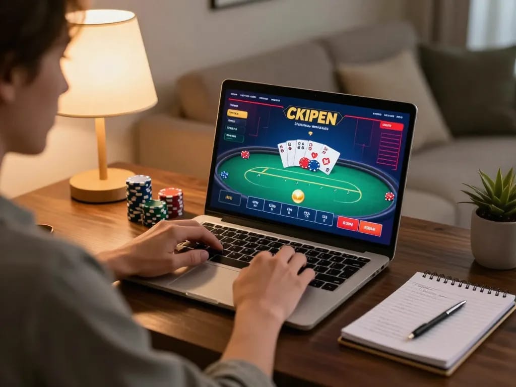 Person engaging in online betting at Net88 featuring poker interface and strategy notes