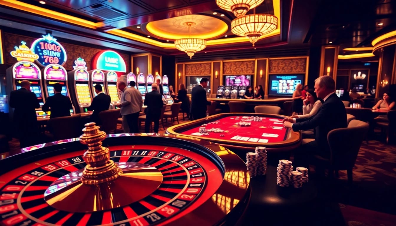Excited players enjoy gambling at uu88's luxurious casino scene with roulette and slot machines.