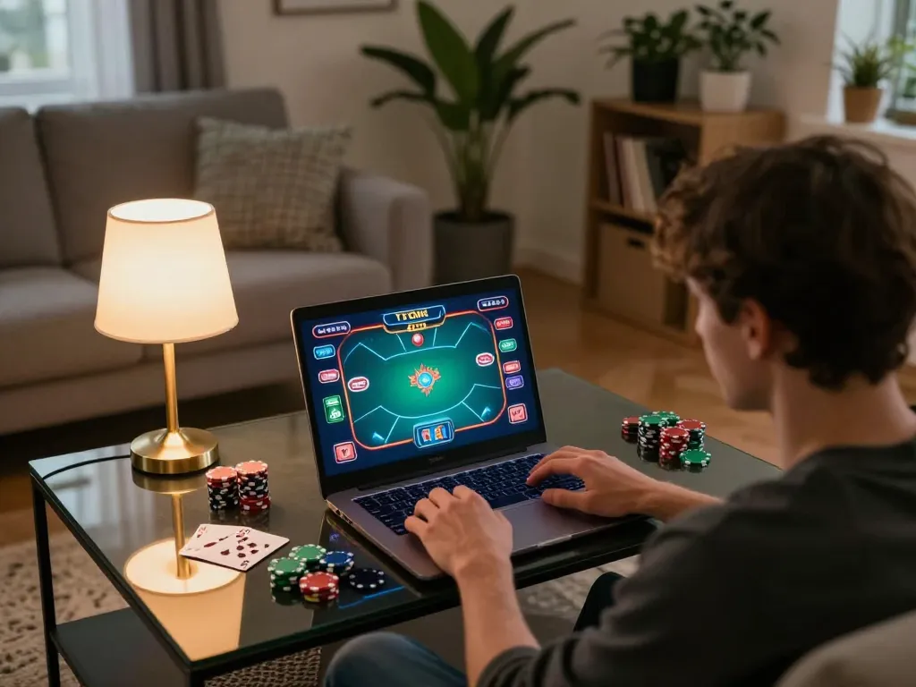 Cakhiatv user engaging in online poker game from home, surrounded by gaming essentials.