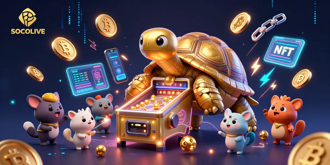 SOCOLIVE offers an exciting streaming experience for football fans with a vibrant 3D cartoon illustration showcasing a golden tortoise, blended with cryptocurrency elements.