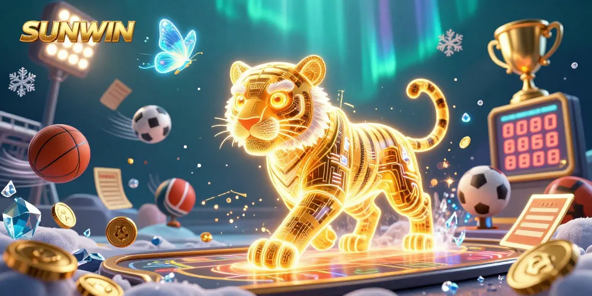SUNWIN invites players to immerse in a vibrant casino landscape populated with a golden tiger, sports elements, and dynamic energy.