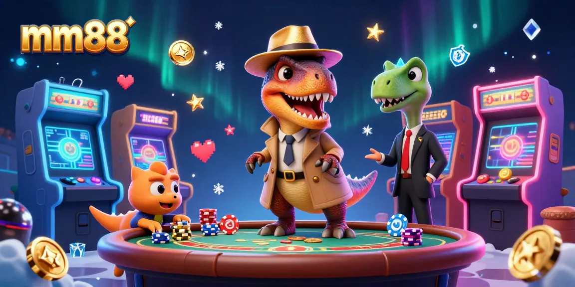 Play exciting games at mm88 with a velociraptor card counter amidst a vibrant casino scene.