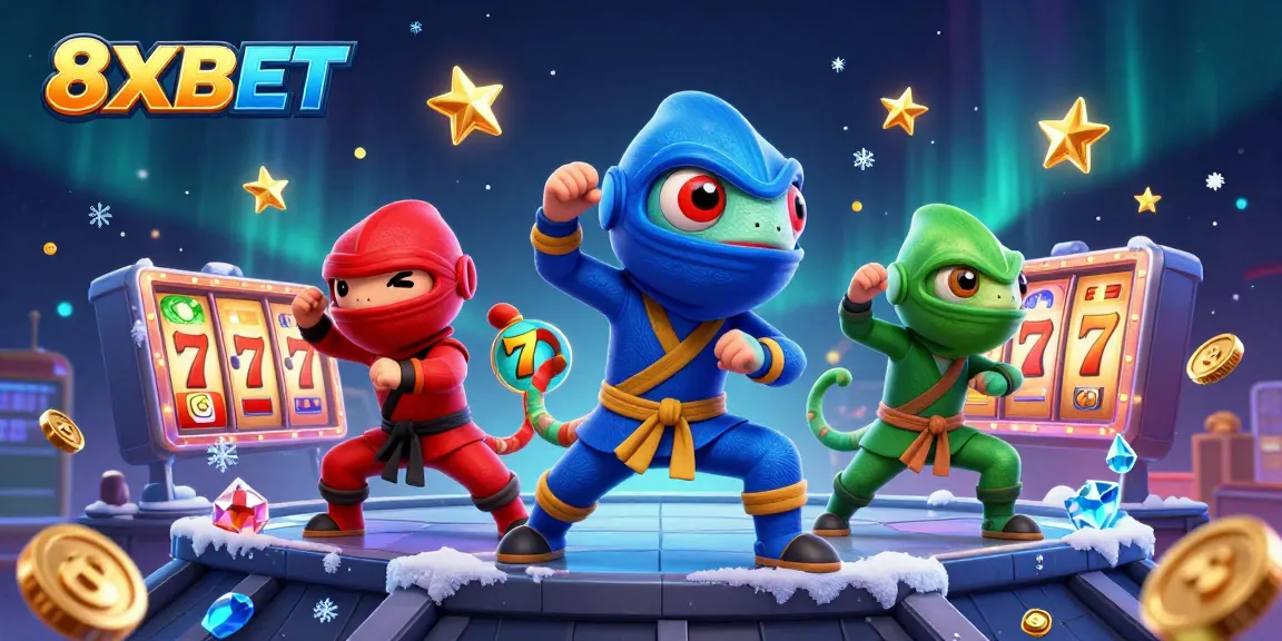 Engage with 8XBET through thrilling casino action illustrated by ninja chameleons amid slot reels and dazzling lights.
