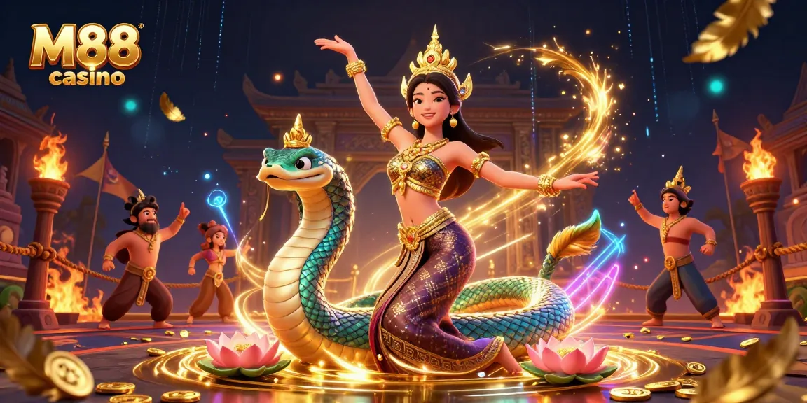 Experience high-stakes fun at M88 casino with vivid scenes of Thai culture and thrilling gaming elements.
