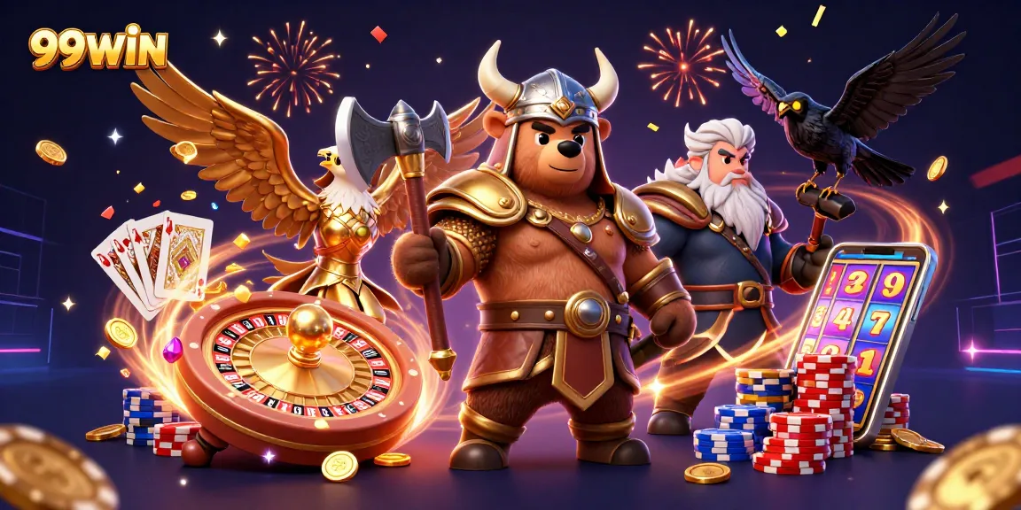 Engage in thrilling casino action with 99WIN's dynamic 3D illustration featuring vibrant characters and games.
