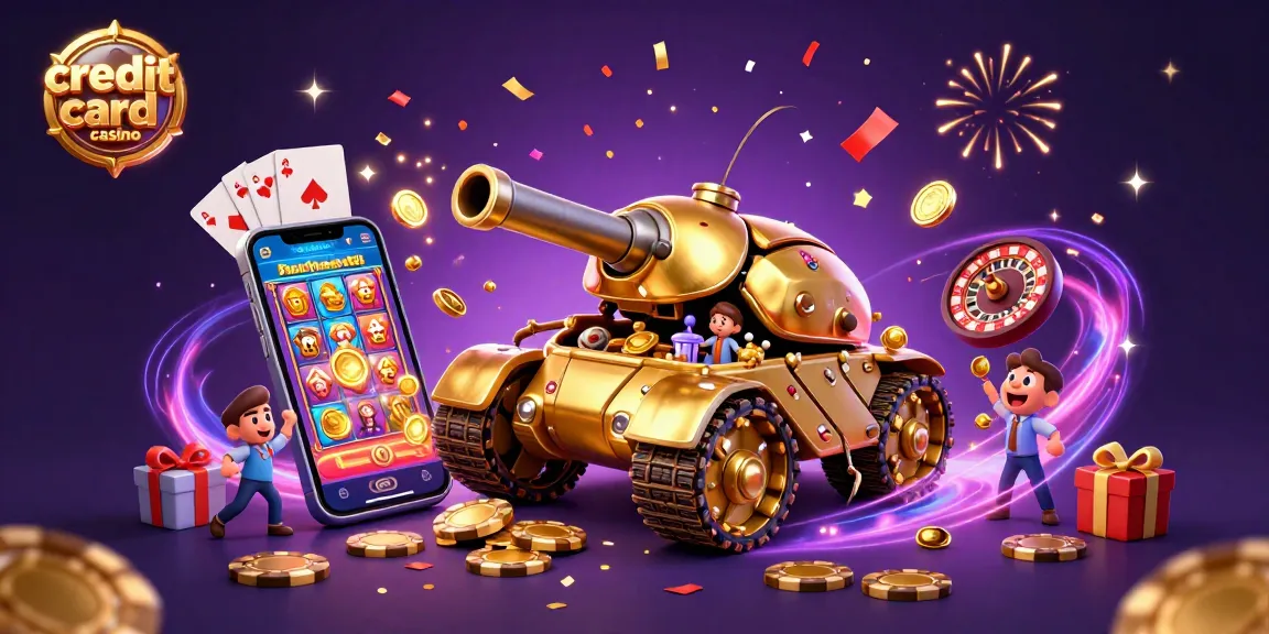 Experience the excitement of a credit card casino with gems and games erupting from a magical tank illustration.
