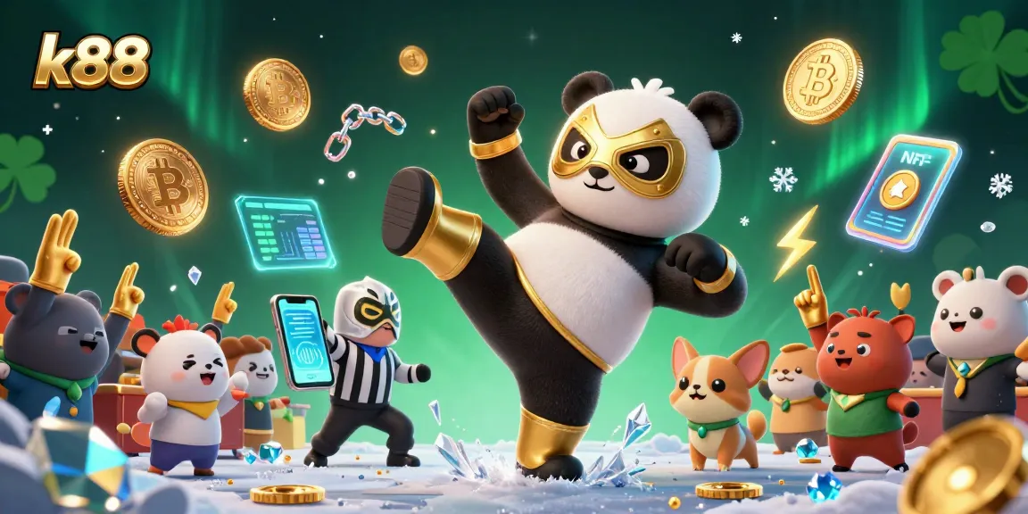Engage with k88 and enjoy thrilling bets illustrated by a flying panda wrestler amidst vibrant casino elements.