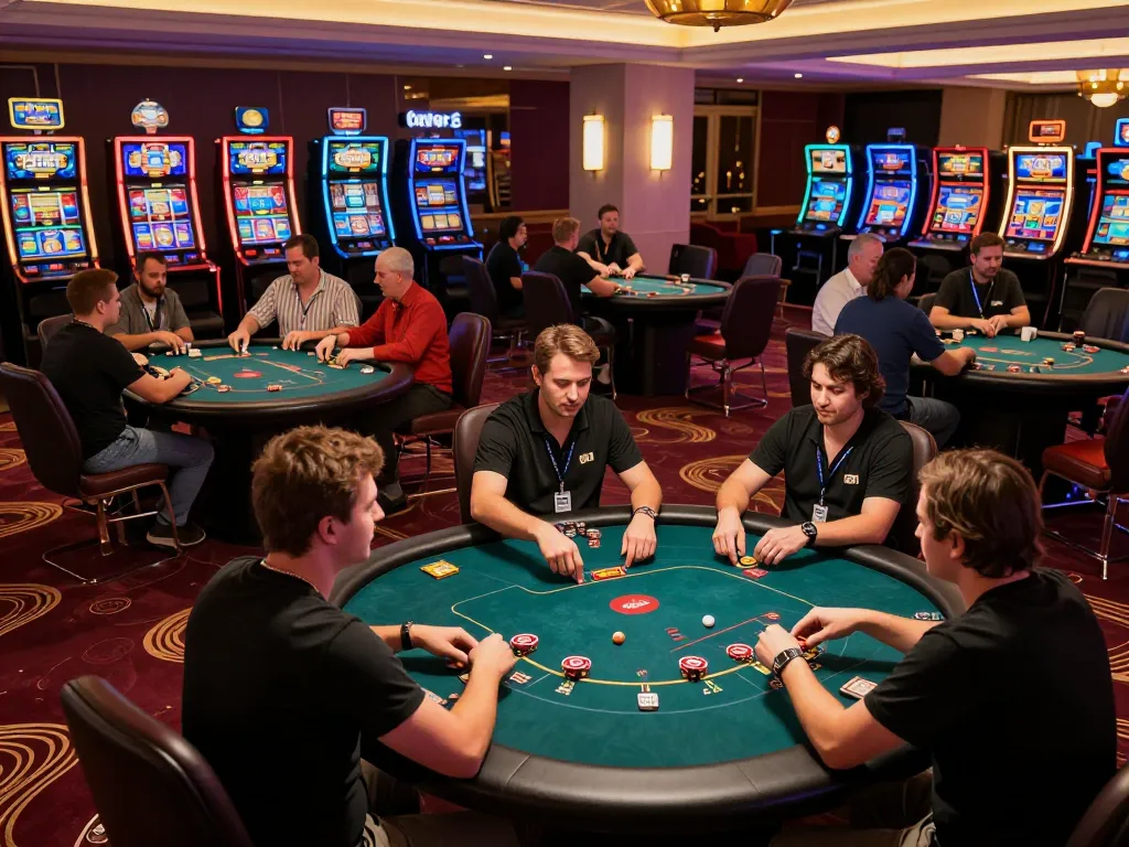 W88 players engaging in strategic card game actions at an upscale casino.