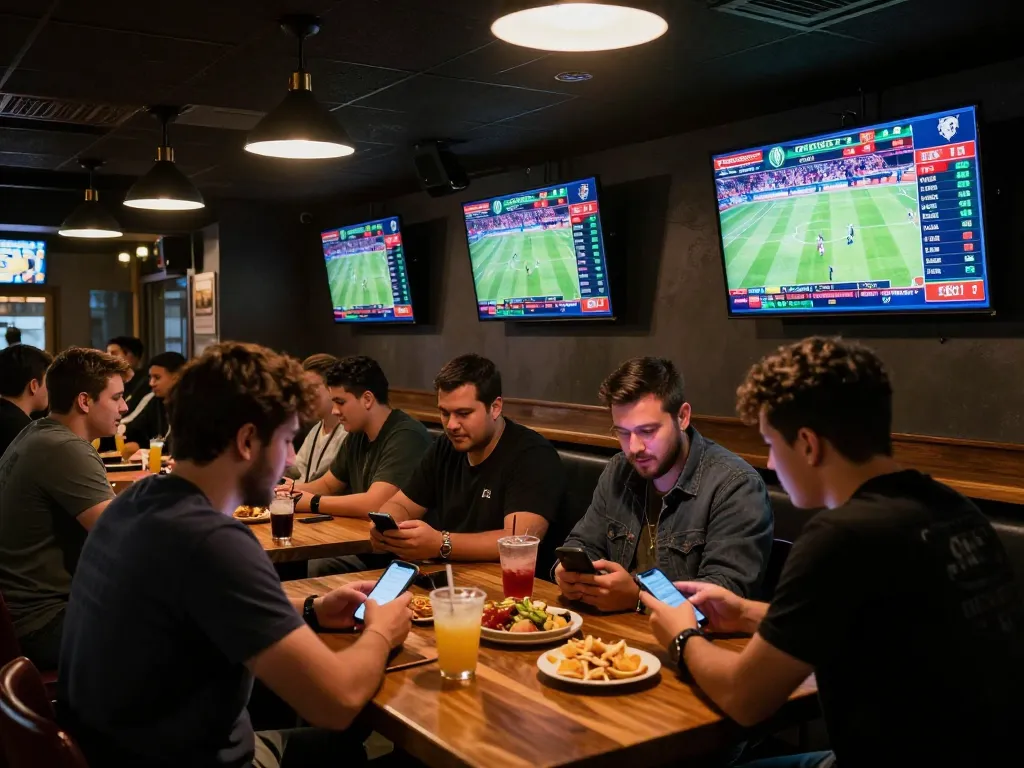 Engaged sports bettors enjoying F8BET's mobile betting app in a lively sports bar.