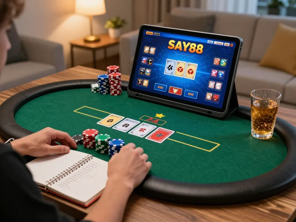 Experience live gaming with SAY88 as players engage in exciting online poker.