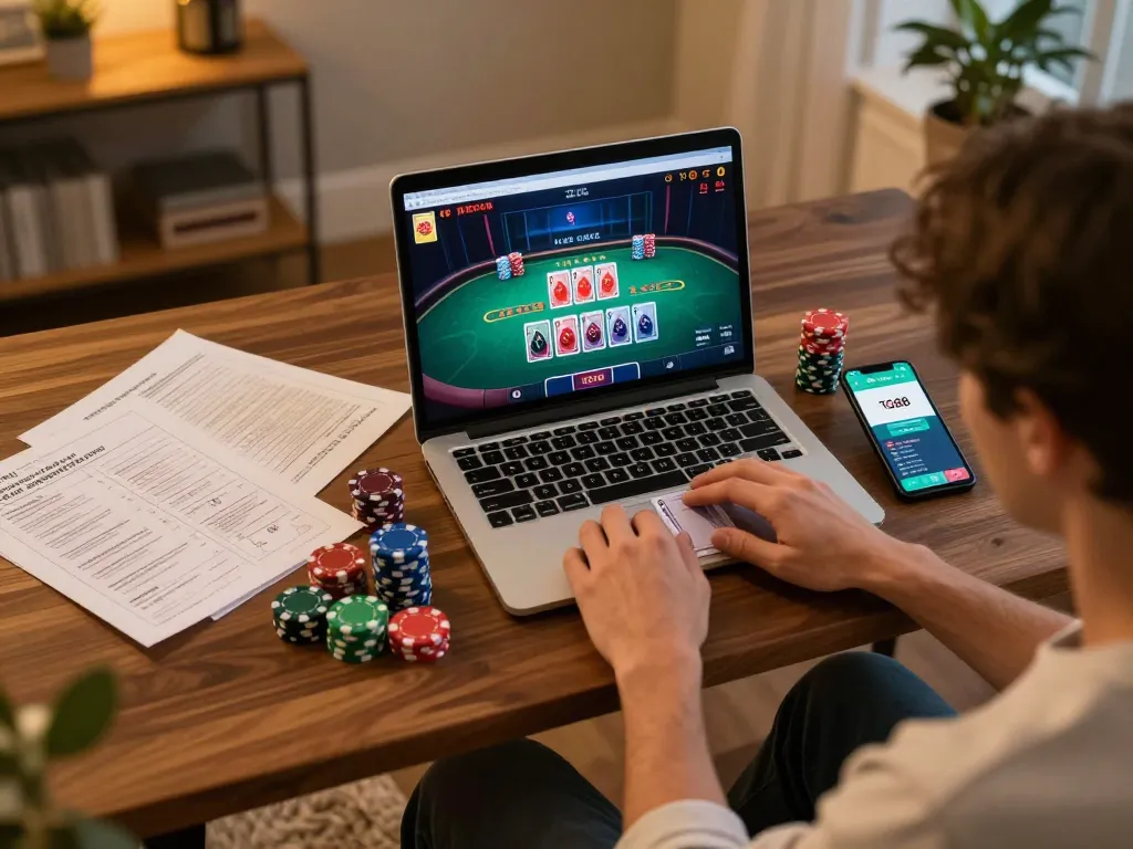Engaging in live dealer blackjack gameplay on TG88, showcasing an intense online gambling experience at home.