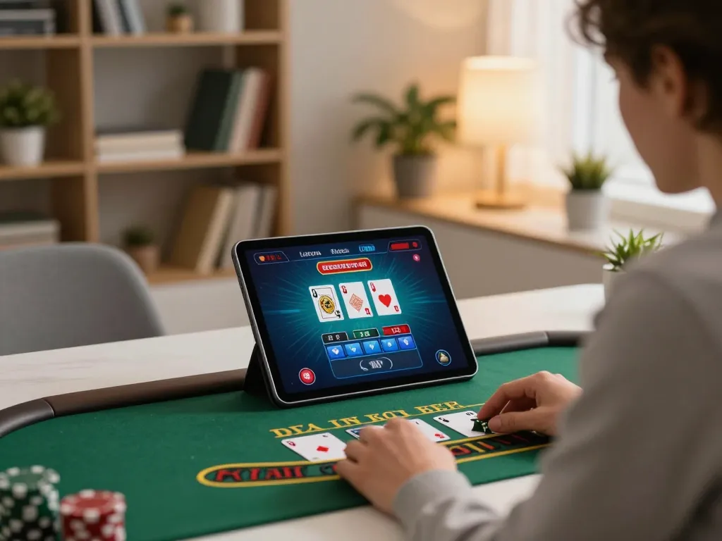 Play blackjack online at qq88 in a cozy home office setup with vibrant graphics.