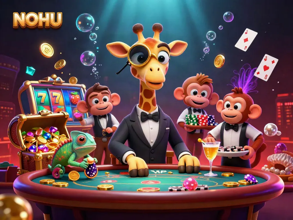 NoHU casino fun scene with cartoon giraffe, monkey valet, and chameleon bartender celebrating big wins.