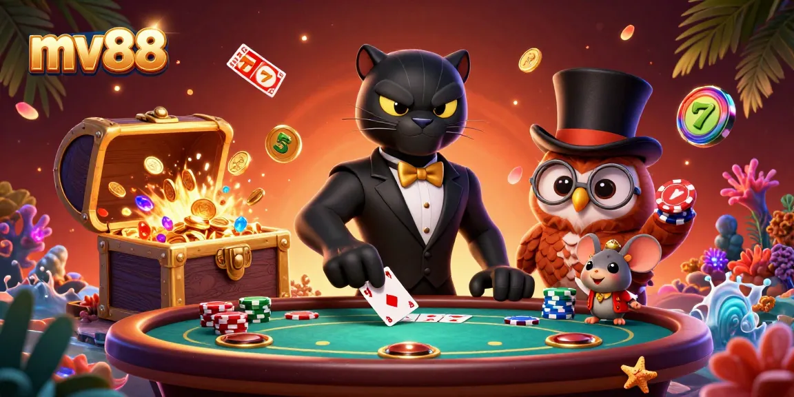 Engage with the thrilling MV88 casino scene, where a stylish black panther elegantly deals cards amidst vibrant slots.