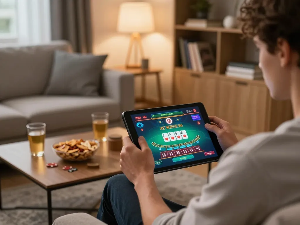 Player enjoying tt88 blackjack on a tablet in a cozy living room setting.