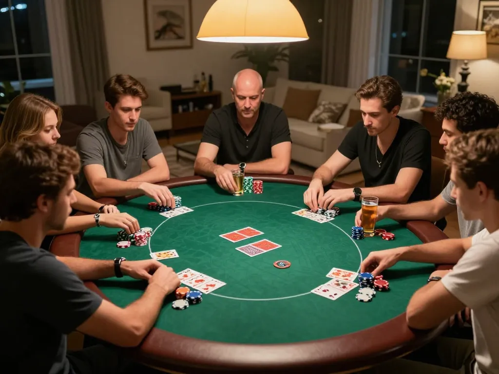Engaging poker game scene with friends playing at home, showcasing SHBET gaming experience and strategic moments