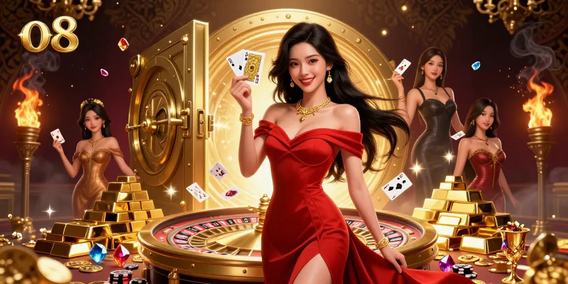 Experience thrilling moments at o8 casino with a stunning illustration of an Asian woman beside a roulette wheel and golden treasures.