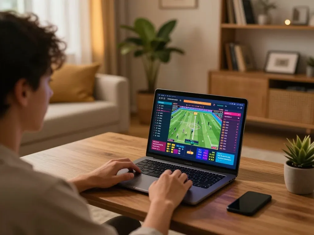 Engage in sports betting on TR88 using high-resolution laptop in a cozy modern setting