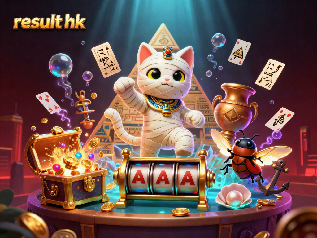 Engage with result hk through a dynamic 3D casino scene featuring a lively mummy cat and vibrant slot reels.