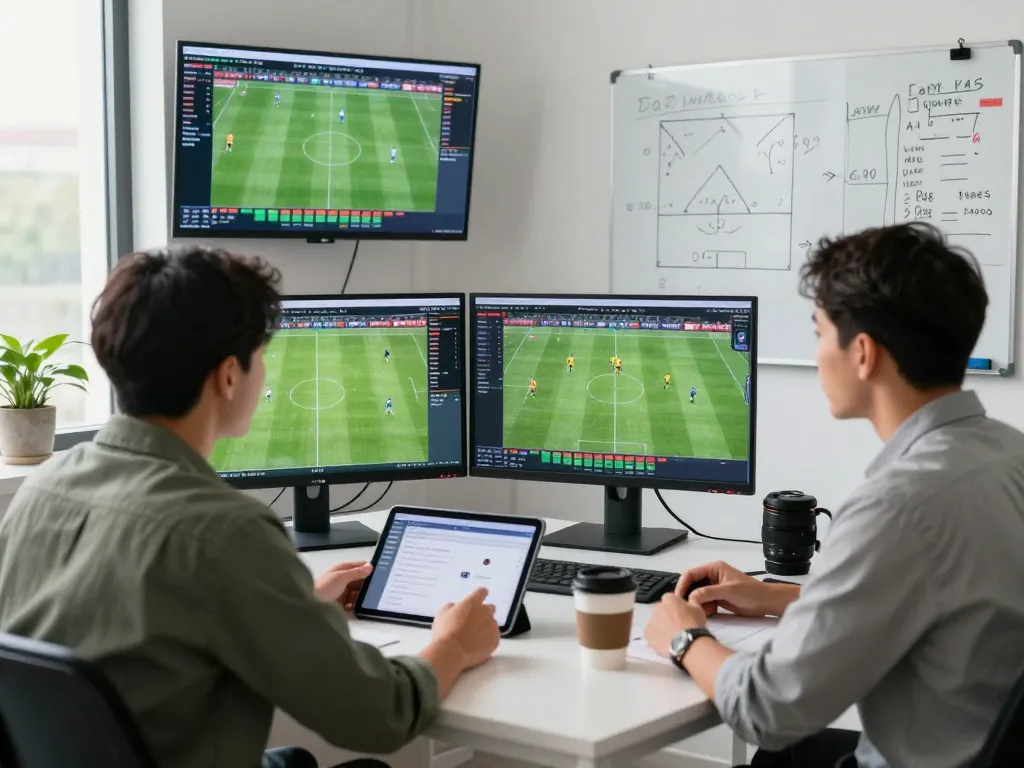 Sports analyst using Nowgoal for live soccer stats and betting insights in modern office.