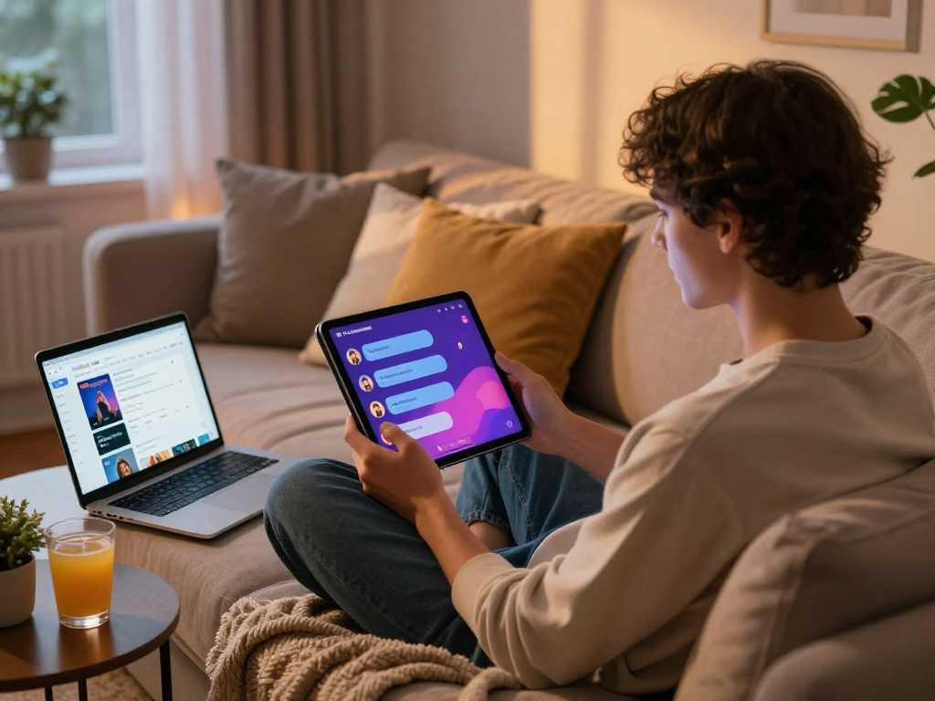 Engaging with ai chat porn on a cozy sofa with digital devices.