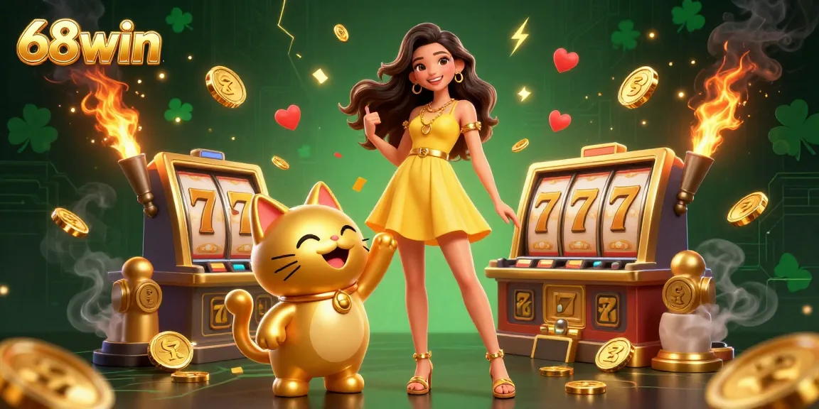 Win big with 68win at this vibrant casino scene featuring a lucky cat and joyful player.