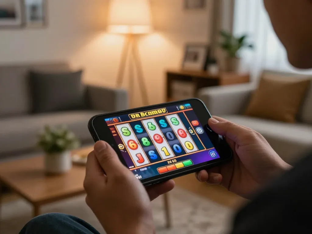 Engaging mobile gambling session at home using 88clbgo casino app to spin colorful slot reels