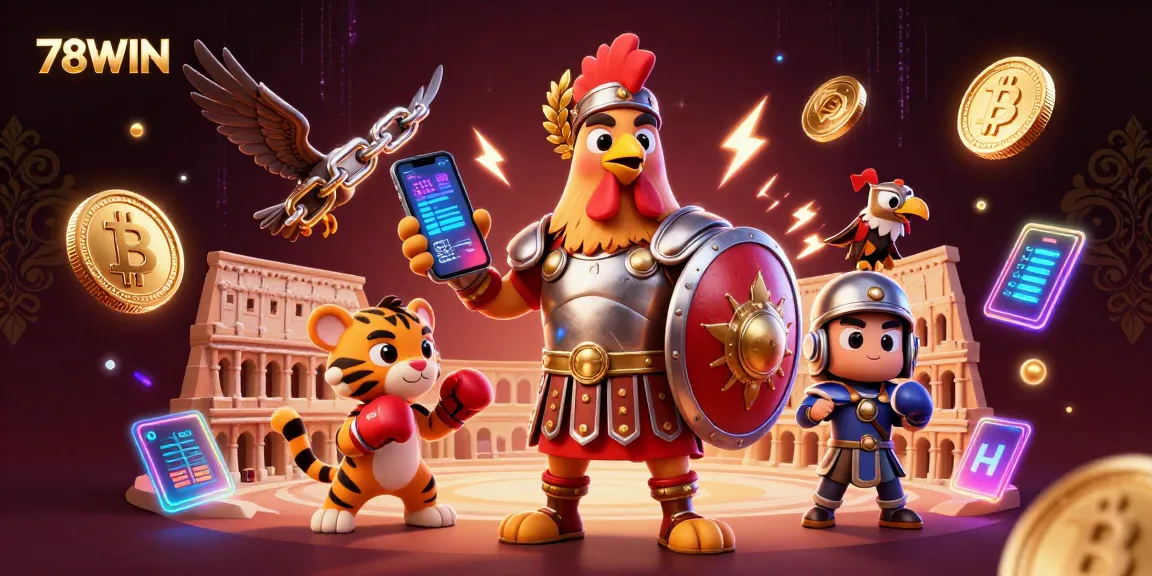 Engage in thrilling gameplay at 78WIN, featuring a vibrant 3D illustration of a gladiator rooster and tiger cub.
