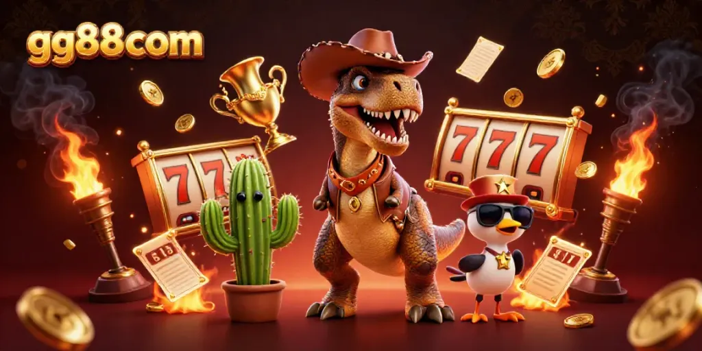 Experience excitement at gg88com with a vibrant 3D cartoon casino scene featuring dynamic slot game elements.