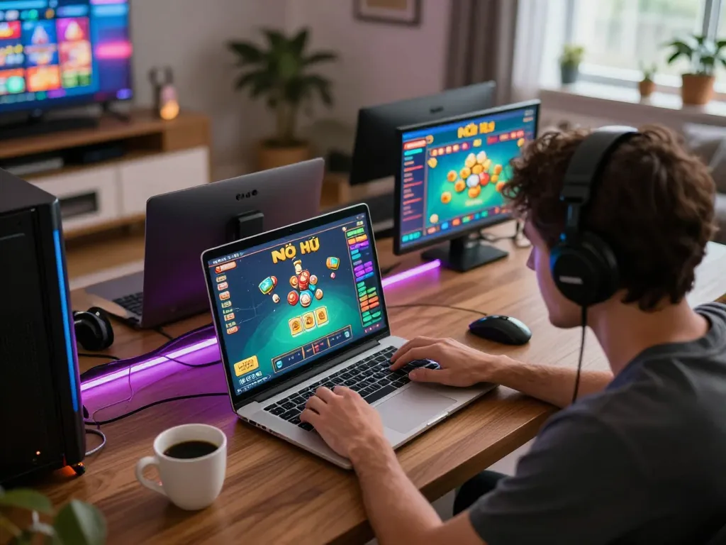 Nổ Hũ gameplay on a laptop in a cozy home setting with ambient lighting and strategic focus.