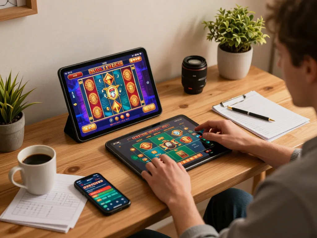Engaging online gaming session on tablet showcasing 58wiin's casino interface in a cozy environment